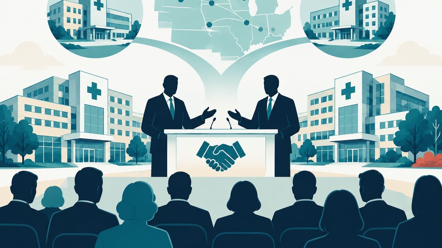 Illustration: hospital executives announce merger