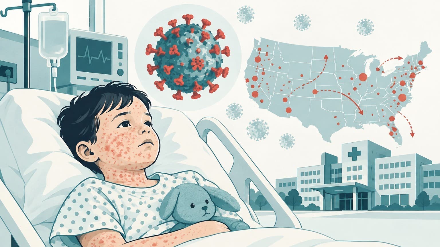 Illustration: child with measles rash hospital